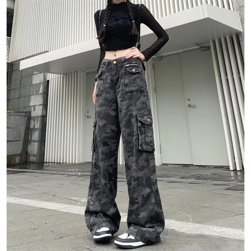 レディース パンツ ゆったり ワイド 春夏 アメリカン 春 夏 スリム ストレート ハイウエスト 迷彩