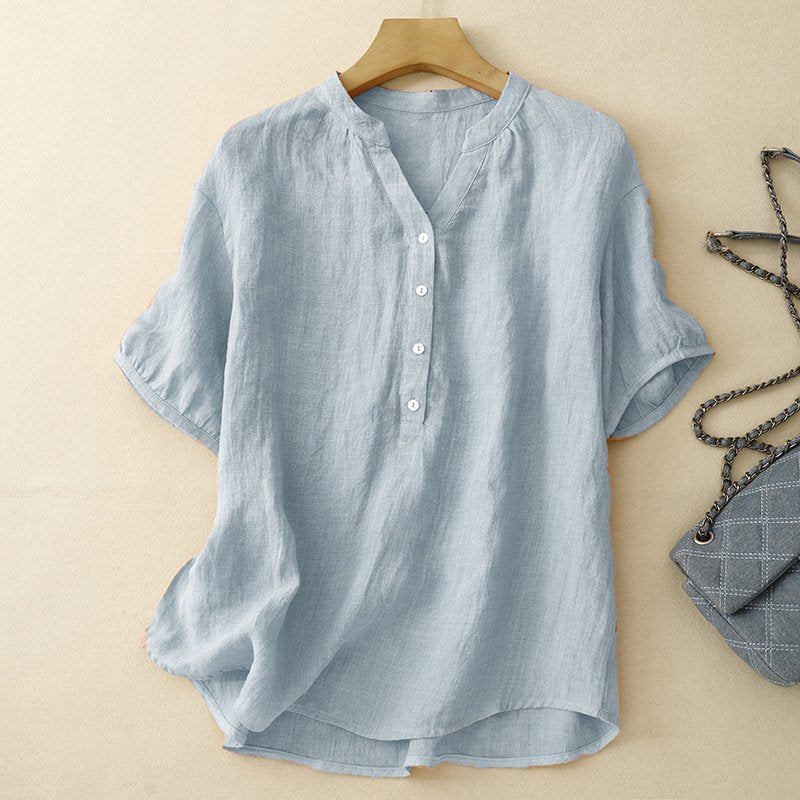 レディース シャツ トップス Tシャツ 半袖 無地 ゆったり コットン 綿 麻 春夏 カジュアル レトロ 前開き 春 夏 シンプル 切り替えデザイン 都会的 レギュラー