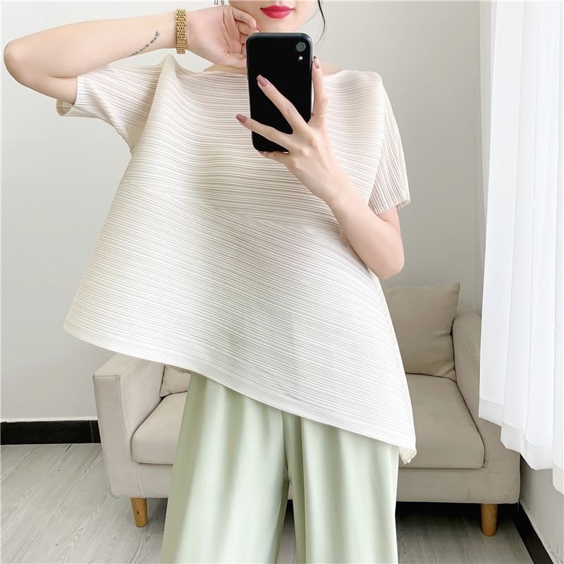レディース シャツ Tシャツ 半袖 無地 スリム 春夏 カジュアル きれいめ 通勤 前開き プリーツ 春 夏 タイト シンプル 細身 オフショルダー タイ 都会的 レギュラー ポリエステル 快適 着痩せ