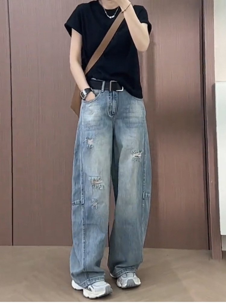 レディース パンツ ゆったり ワイド コットン 綿 デニム 夏 秋冬 カジュアル 大きいサイズ 秋 冬 スリム ロング ストレート ロングパンツ デニムパンツ ハイウエスト ダメージ