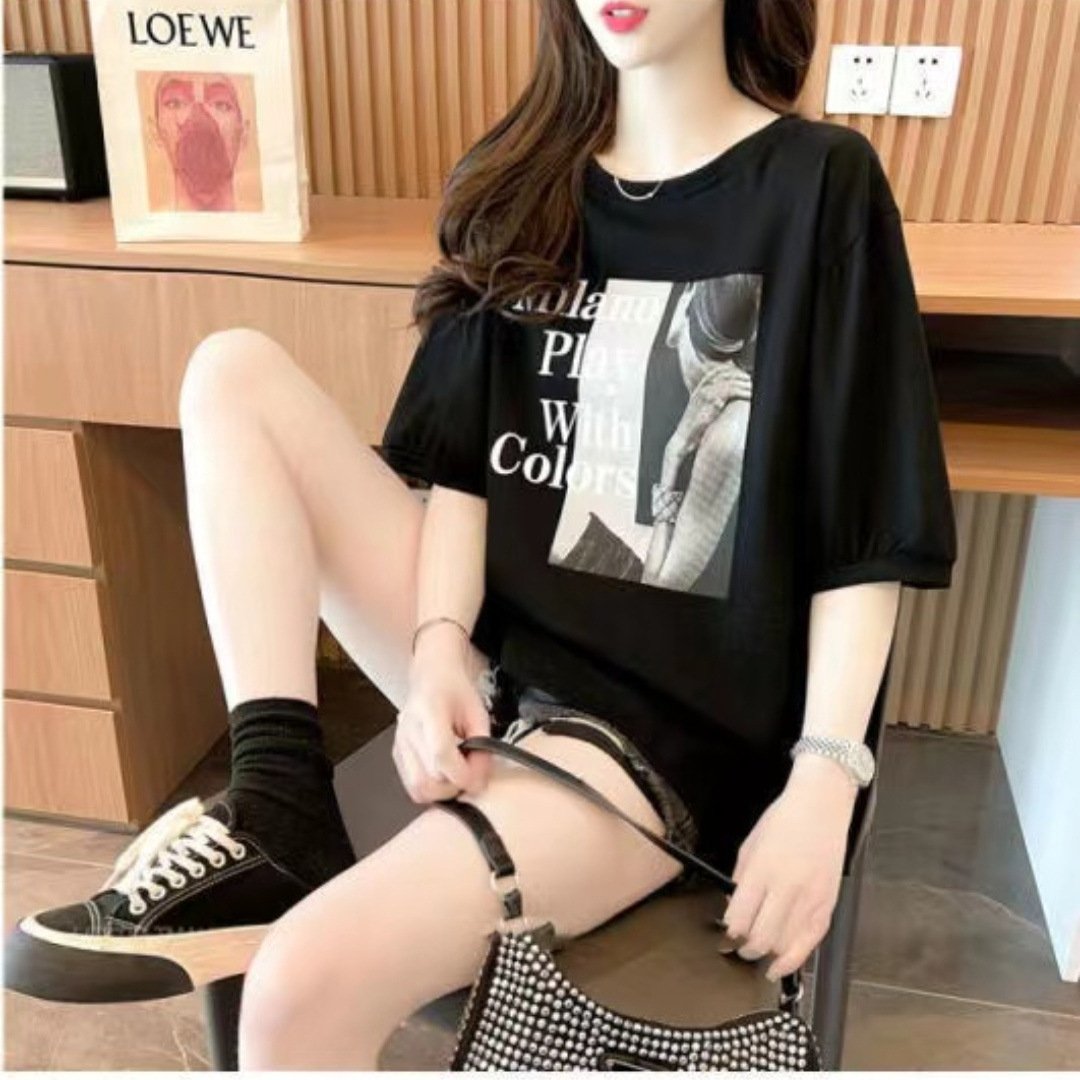 Tシャツ 半袖 ゆったり コットン 綿 春夏 カジュアル 春 夏 ラウンドネック レース ミモレ シャツ ステッチ シースルー