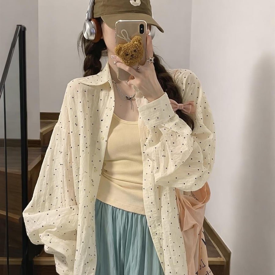 レディース シャツ ジャケット 長袖 ドット柄 ゆったり 夏 カジュアル 体型カバー 韓国風 春夏 前開き 薄手 切り替えデザイン スリット 襟付き ラップ ポリエステル ドット