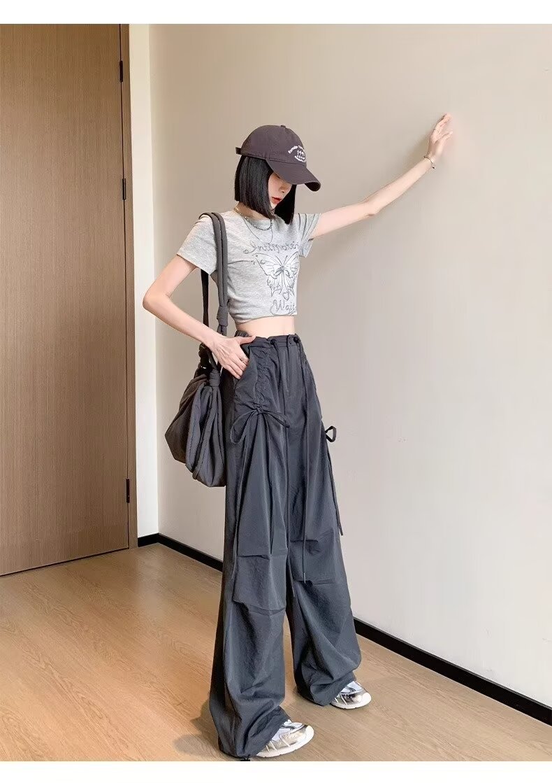 レディース パンツ ワイド カジュアル レトロ ストレート ワークパンツ 切り替えデザイン ストリート ポリエステル