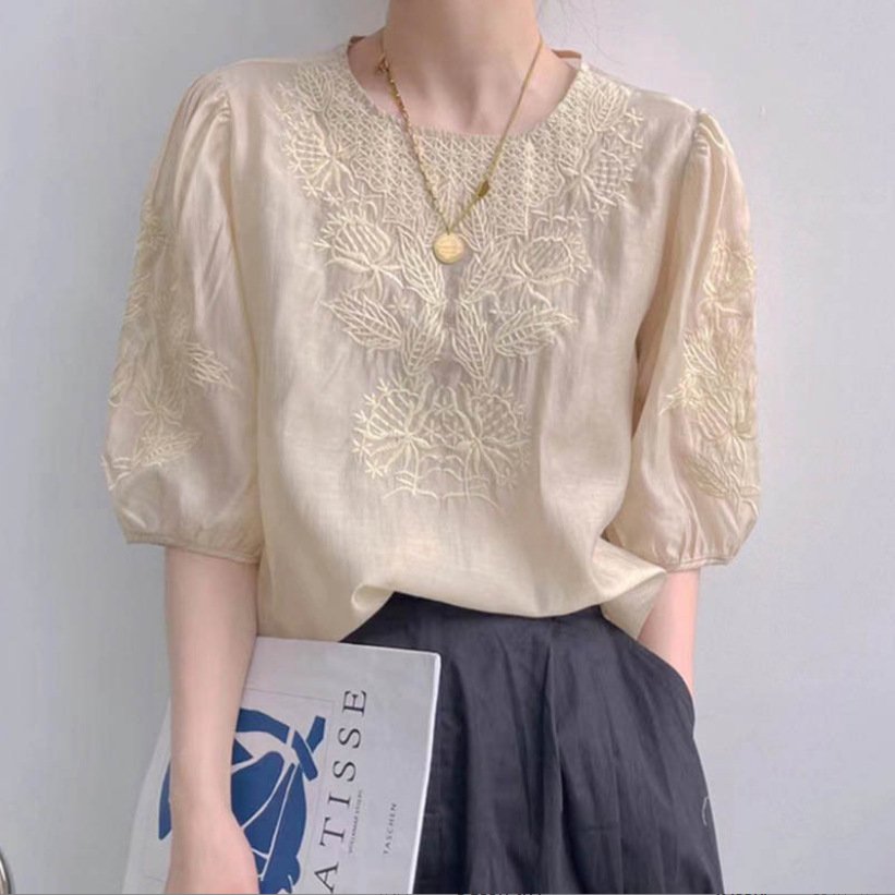 レディース シャツ トップス 長袖 ゆったり 夏 きれいめ 通勤 春夏 前開き ラウンドネック 刺繍 上品 薄手 切り替えデザイン ポリエステル