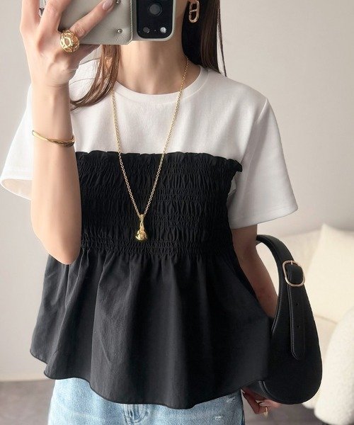 トップス Tシャツ ニット 半袖 春夏 きれいめ 通勤 春 ショート 夏 韓国ファッション シャツ 切り替えデザイン 都会的