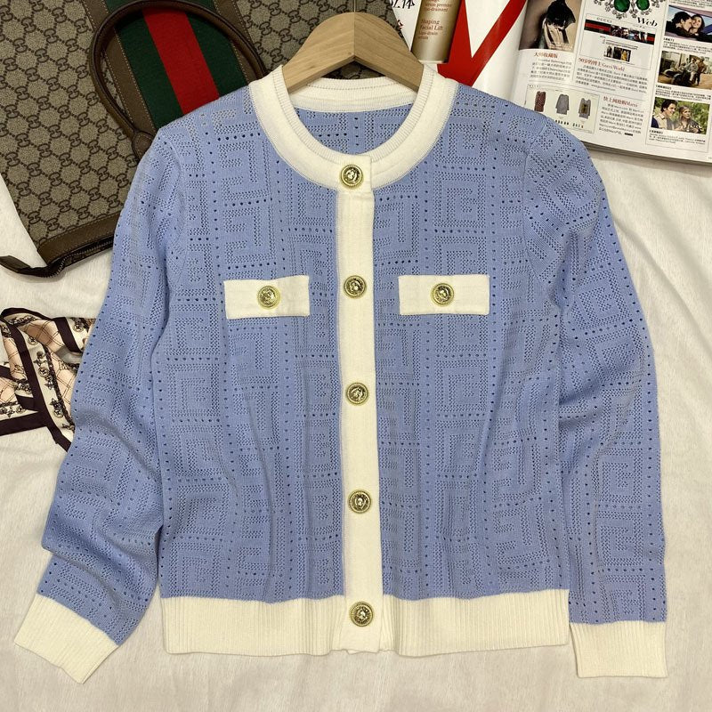 レディース トップス ニット カーディガン 長袖 秋冬 秋 きれいめ おしゃれ 膝丈 ラウンドネック 冬 上品 薄手 ウール 切り替えデザイン ボタン 丸首 配色