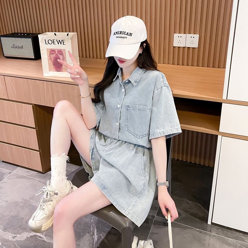 シャツ パンツ ゆったり デニム 春夏 カジュアル 大きいサイズ 前開き 春 夏 ハーフ セットアップ ポリエステル