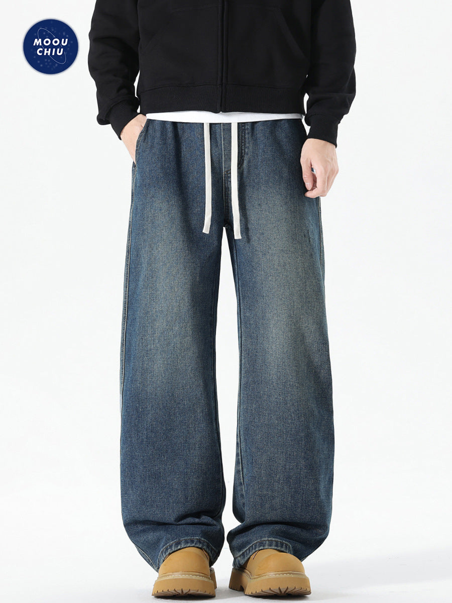 レディース パンツ ワイド コットン 綿 デニム 秋冬 秋 カジュアル アメリカン ボトムス 冬 ロング ストレート デニムパンツ ウエストゴム タイ