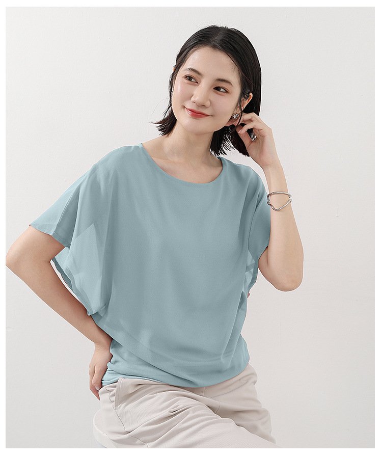 トップス Tシャツ 半袖 無地 ゆったり スリム 春夏 きれいめ 通勤 体型カバー 春 夏 ラウンドネック 上品 シフォン シャツ 薄手 丸襟 レギュラー ポリエステル