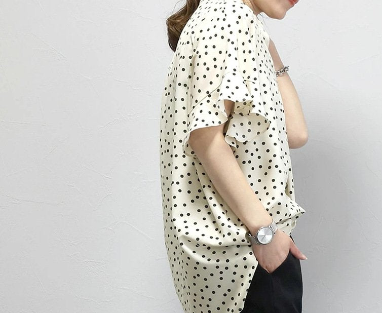 レディース ブラウス シャツ トップス 半袖 ゆったり 春夏 きれいめ 通勤 オフィス 前開き Vネック 春 夏 上品 シフォン 水玉 シフォンブラウス ポリエステル ドット