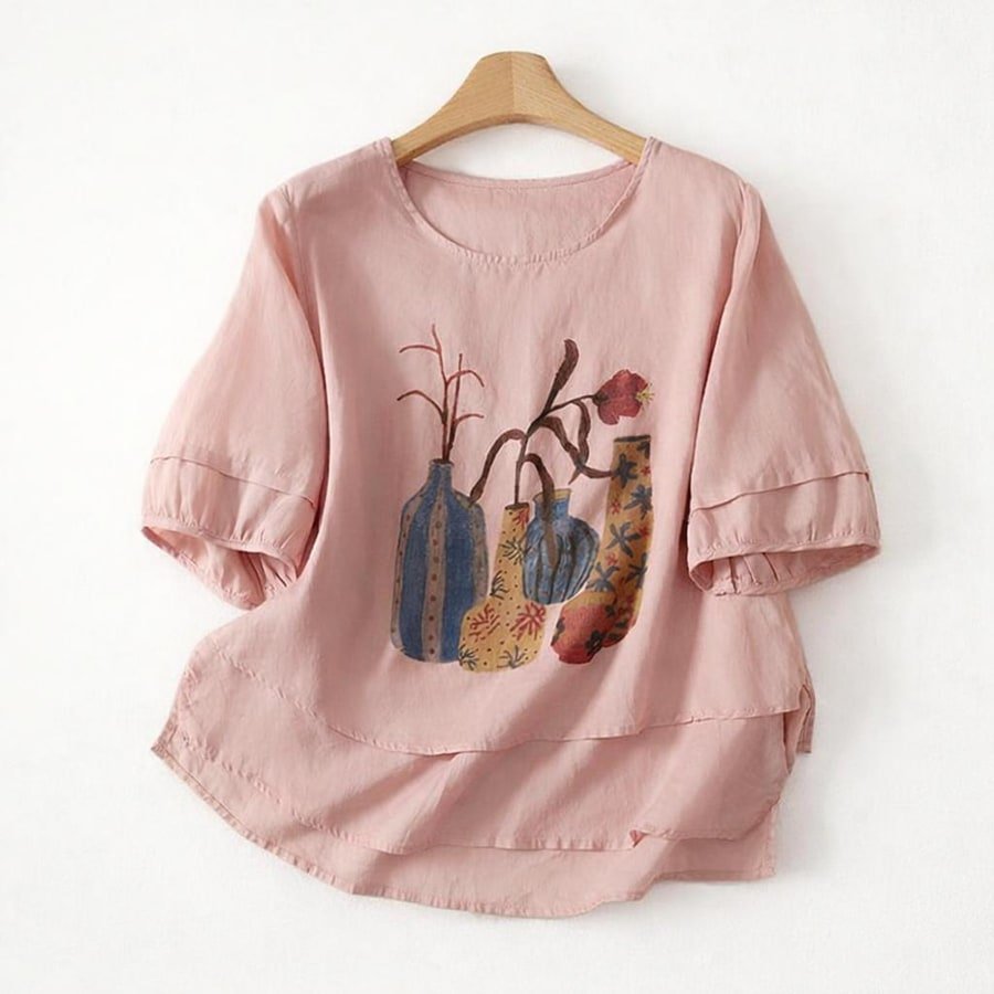 レディース シャツ トップス Tシャツ 半袖 プリント ゆったり コットン 綿 麻 春夏 きれいめ 通勤 体型カバー 前開き デニム 春 夏 プルオーバー レイヤード