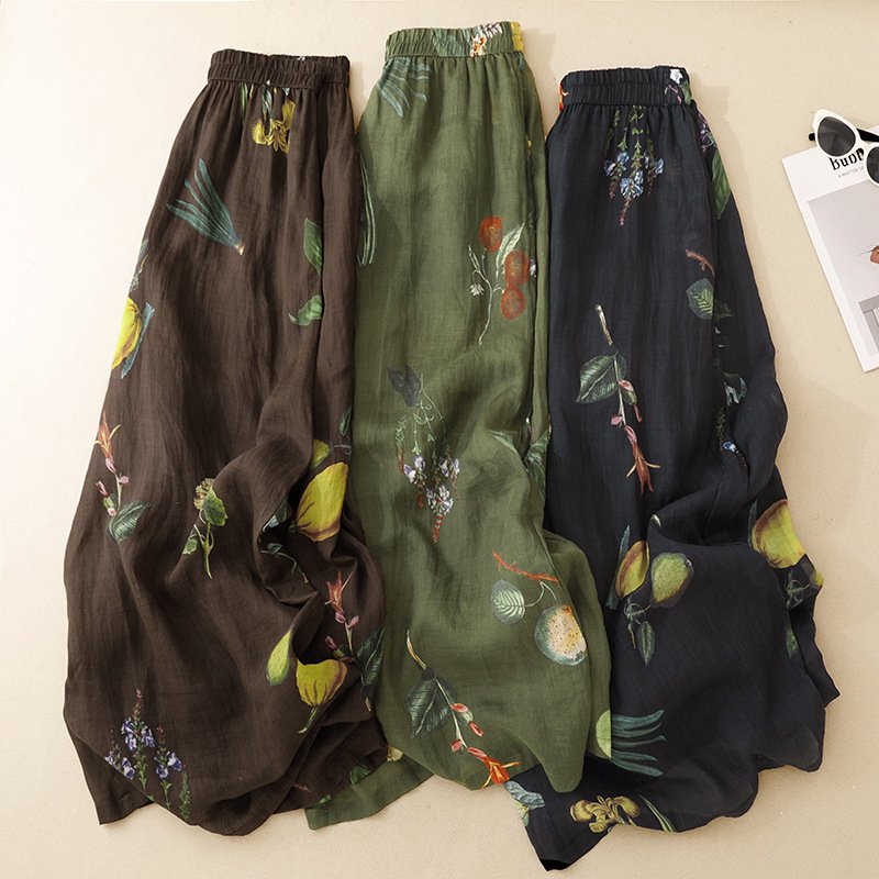 レディース パンツ プリント ワイド スリム コットン 綿 春夏 カジュアル きれいめ レトロ 通勤 オフィス 春 夏 ロング ロングパンツ ワイドパンツ ハイウエスト