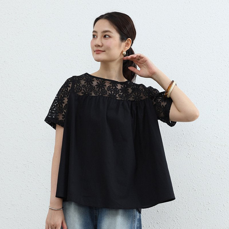 シャツ トップス Tシャツ 半袖 無地 ゆったり 春夏 きれいめ 通勤 大きいサイズ 前開き 春 夏 ラウンドネック レース シンプル 上品