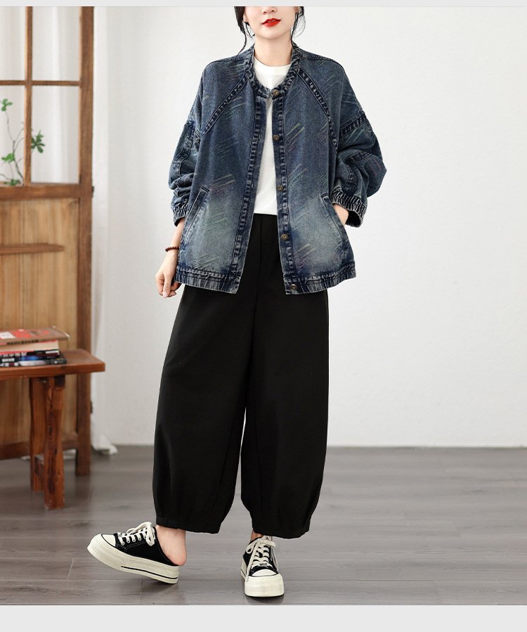 レディース カーディガン ジャケット 長袖 プリント ゆったり デニム 春夏 カジュアル レトロ 体型カバー 大きいサイズ 春 ショート 夏 ラウンドネック 秋 冬 アウター デニムジャケット 秋冬