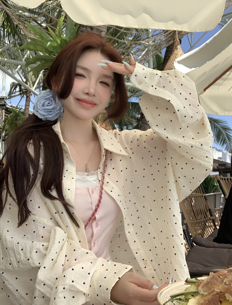 レディース シャツ トップス ジャケット 長袖 ドット柄 ゆったり 春夏 カジュアル 体型カバー 韓国風 前開き 春 夏 ホワイト 薄手 襟付き レギュラー ボタン ポリエステル UVカット ドット