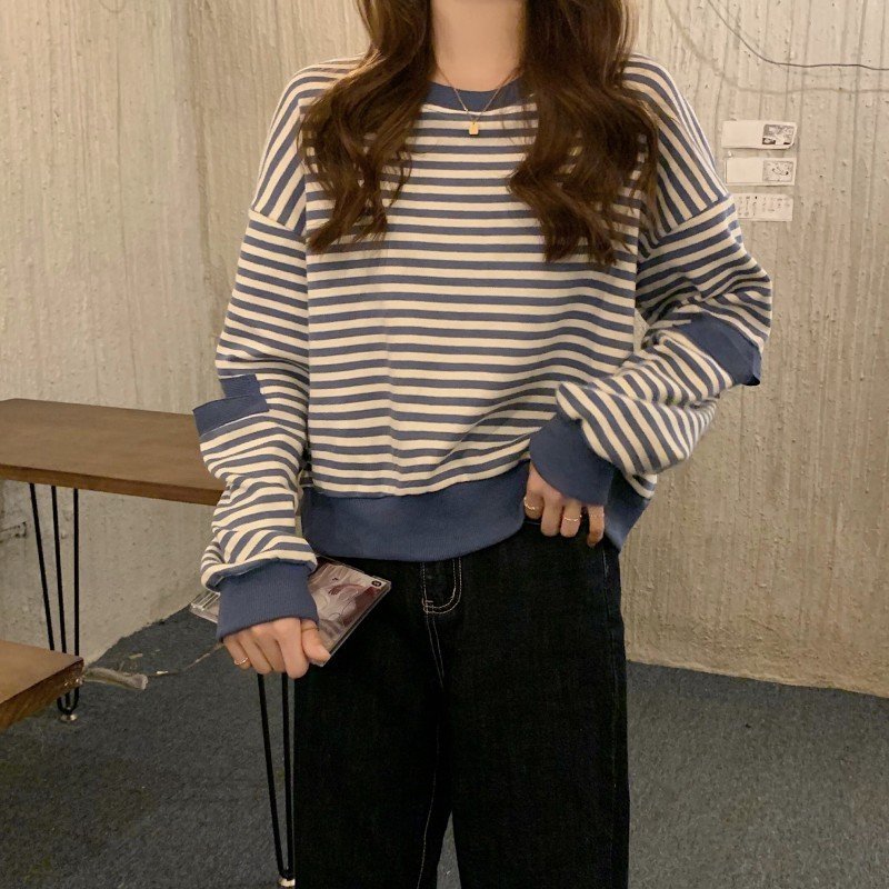 レディース シャツ トップス 長袖 ボーダー ストライプ チェック柄 ゆったり 秋冬 秋 きれいめ 通勤 体型カバー おしゃれ 前開き 膝丈 ラウンドネック 冬 学生 上品 薄手 切り替えデザイン 個性的 スウェット ポリエステル