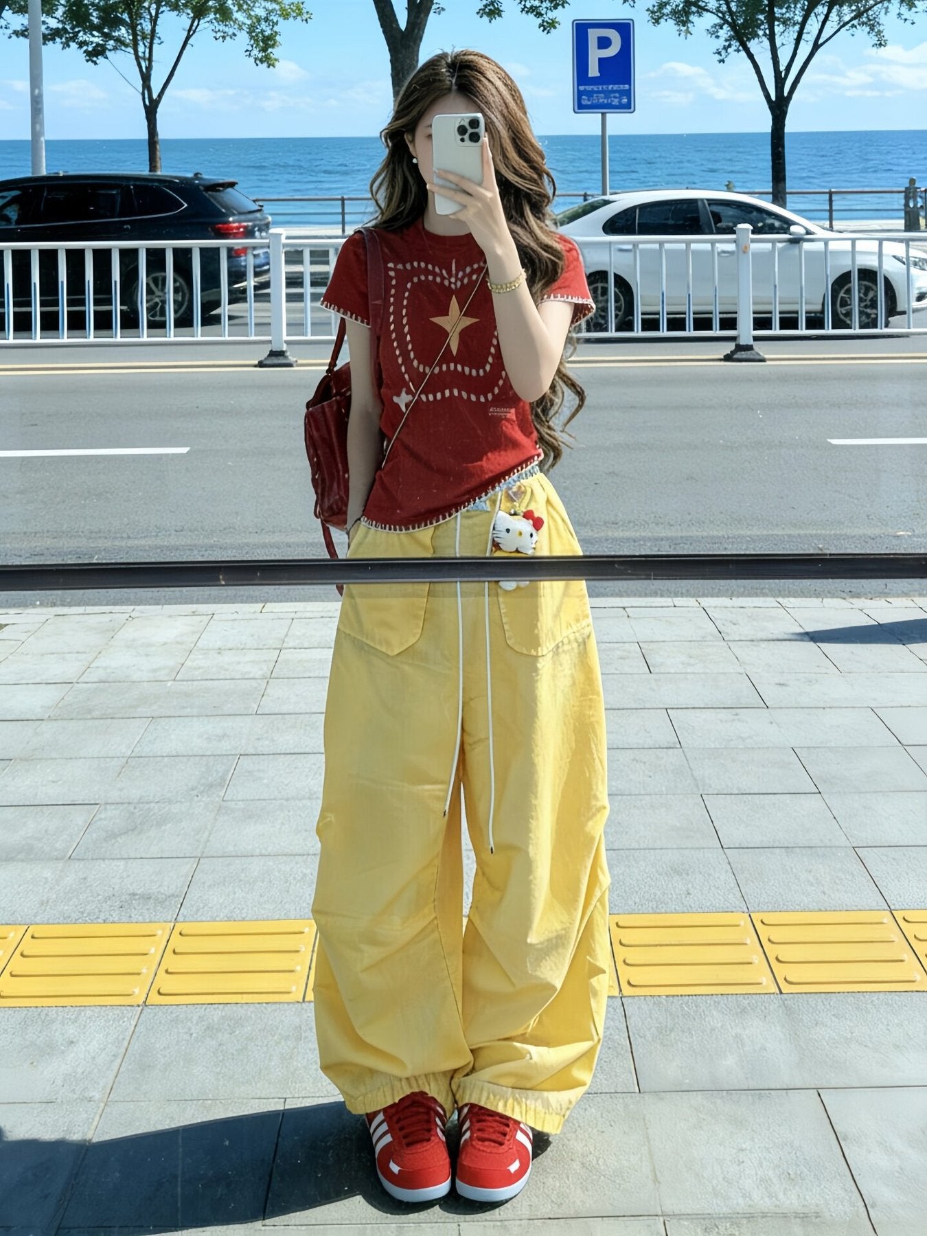 レディース ブラウス シャツ トップス 半袖 無地 ワイド スリム コットン 綿 春夏 カジュアル アメリカン レトロ 前開き 春 夏 シンプル パンツ ロング ワイドパンツ 切り替えデザイン イエロー レッド 星柄 セットアップ ストレッチ Tシャツ
