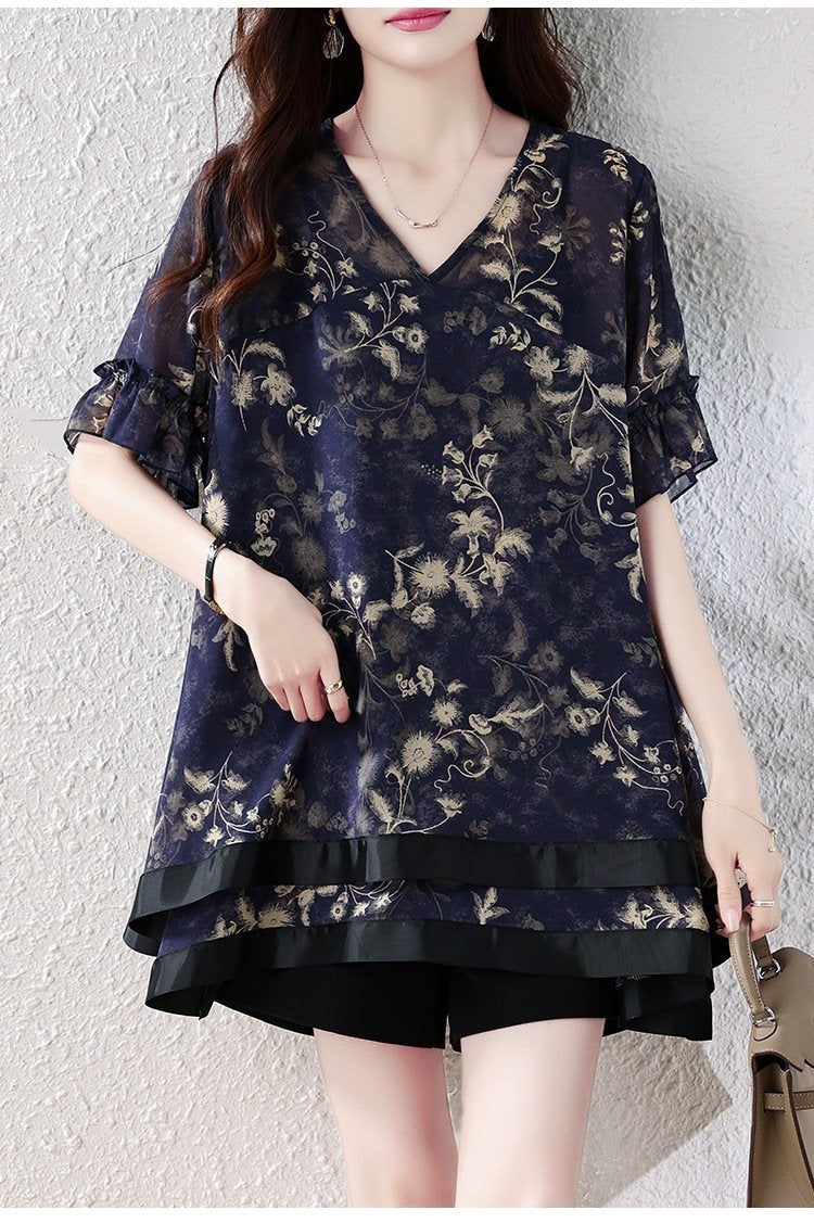 トップス 半袖 ゆったり 春夏 きれいめ レトロ 大きいサイズ おしゃれ Vネック 春 夏 上品 切り替えデザイン ミディアム レギュラー