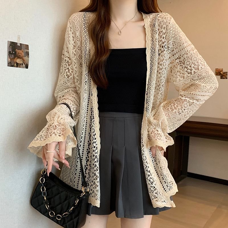 シャツ カーディガン 長袖 ゆったり 春夏 カジュアル 前開き 春 夏 レース ミモレ ベルスリーブ ポリエステル
