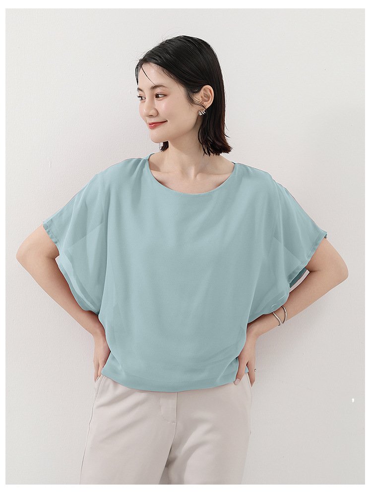 トップス Tシャツ 半袖 無地 ゆったり スリム 春夏 きれいめ 通勤 体型カバー 春 夏 ラウンドネック 上品 シフォン シャツ 薄手 丸襟 レギュラー ポリエステル