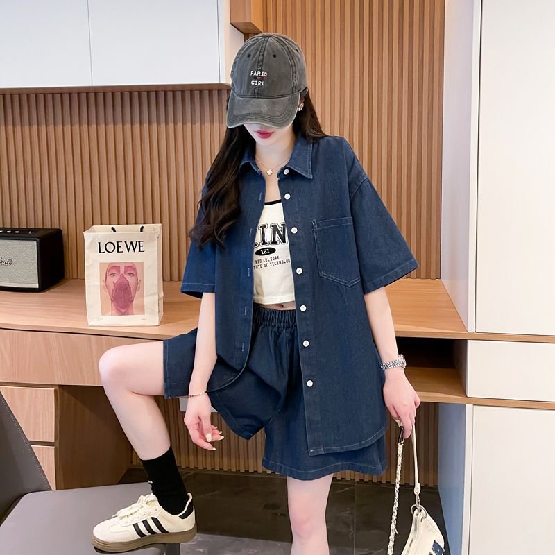 シャツ パンツ ゆったり デニム 春夏 カジュアル 大きいサイズ 前開き 春 夏 ハーフ セットアップ ポリエステル