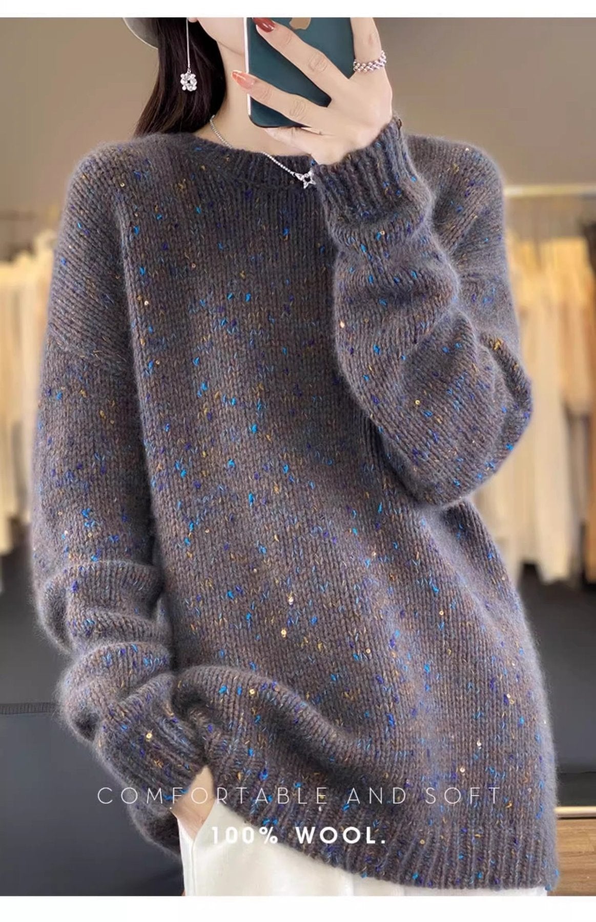 レディース トップス ニット 長袖 ゆったり 秋冬 秋 きれいめ 通勤 体型カバー 大きいサイズ 膝丈 ラウンドネック 冬 ウール セーター プルオーバー スパンコール インナー ポリエステル