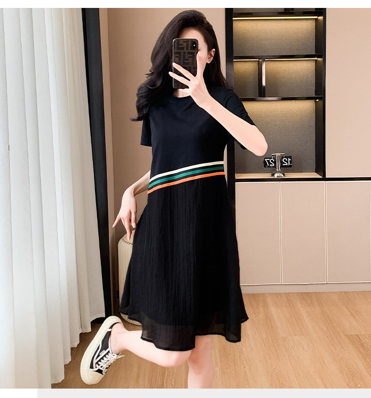 ワンピース 半袖 春夏 カジュアル おしゃれ 春 夏 ラウンドネック ミモレ フリル 上品 切り替えデザイン