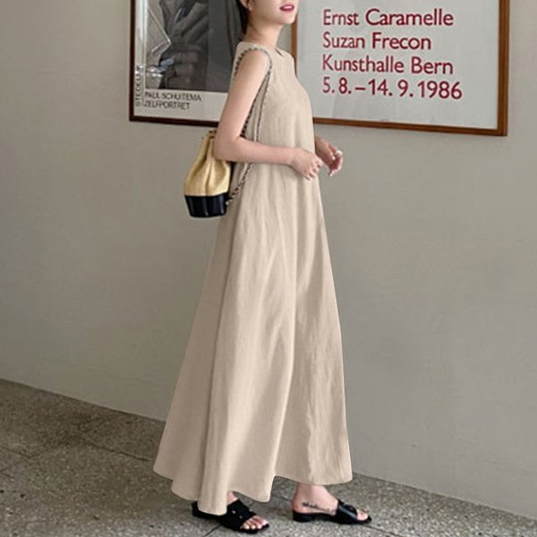 ワンピース ノースリーブ 無地 春夏 袖なし 春 夏 ラウンドネック シンプル ロング 上品 フレア 切り替えデザイン