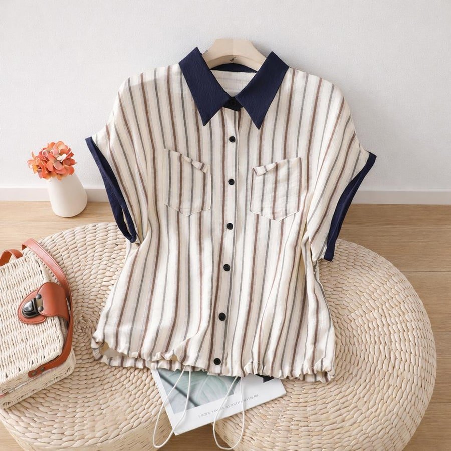 レディース シャツ トップス Tシャツ 半袖 ノースリーブ ボーダー ストライプ ゆったり コットン 綿 春夏 きれいめ 通勤 体型カバー おしゃれ 夏服 前開き 袖なし 春 夏 ママ 切り替えデザイン 都会的 レギュラー ボタン