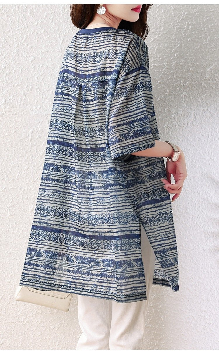 レディース トップス Tシャツ 半袖 プリント ゆったり 春夏 きれいめ 体型カバー 大きいサイズ Vネック 春 夏 上品 シャツ エスニック 襟付き レギュラー ポリエステル