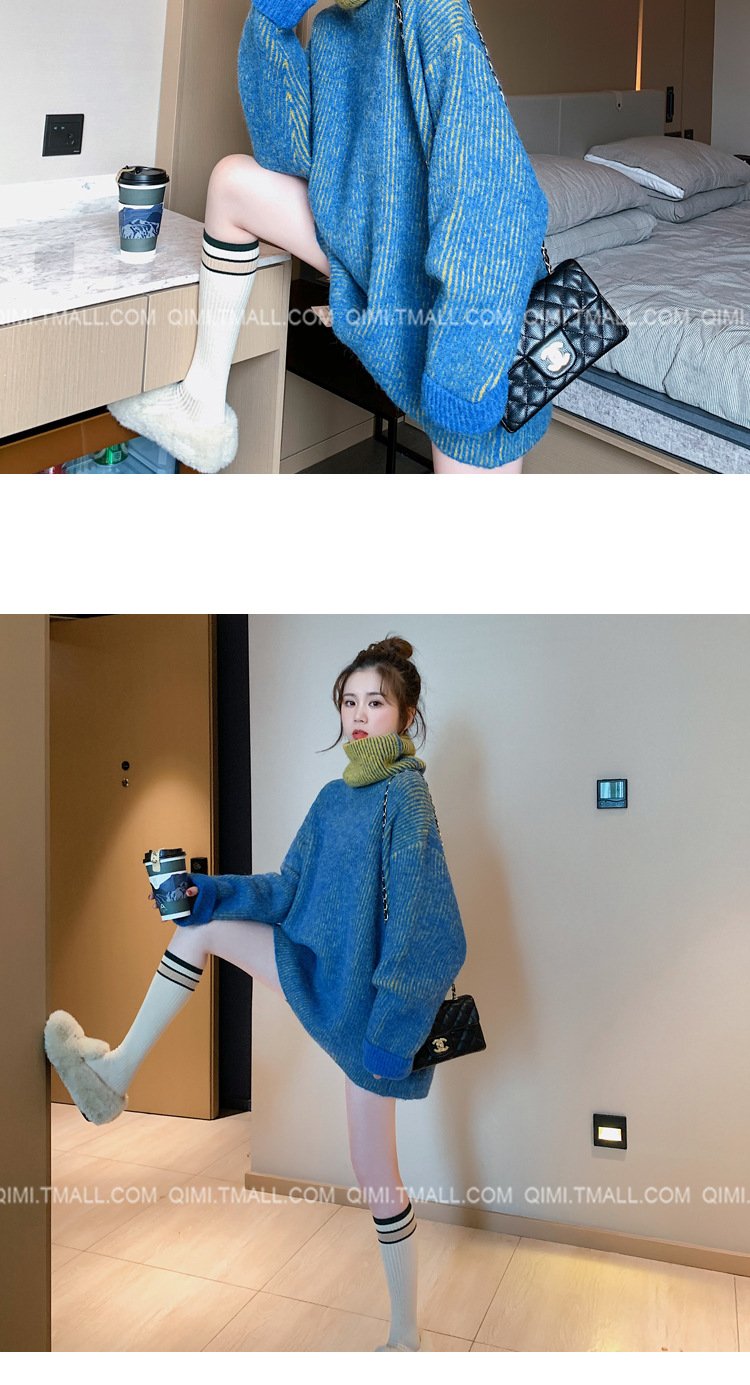 レディース トップス ニット 長袖 ゆったり きれいめ 通勤 体型カバー タートルネック ブラウン 切り替えデザイン セーター オレンジ ブルー グリーン ポリエステル