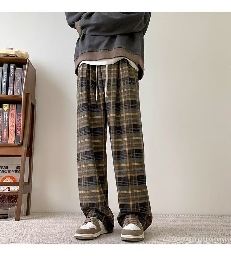 パンツ チェック柄 ワイド 春 秋冬 カジュアル 秋 冬 ストレート ヴィンテージ ポリエステル