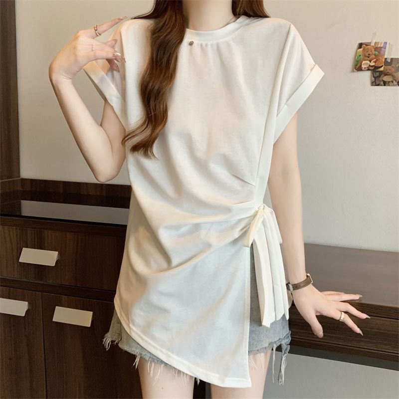 Tシャツ 半袖 ゆったり 春夏 カジュアル 春 夏 ラウンドネック レース ミモレ シャツ タイ レースアップ