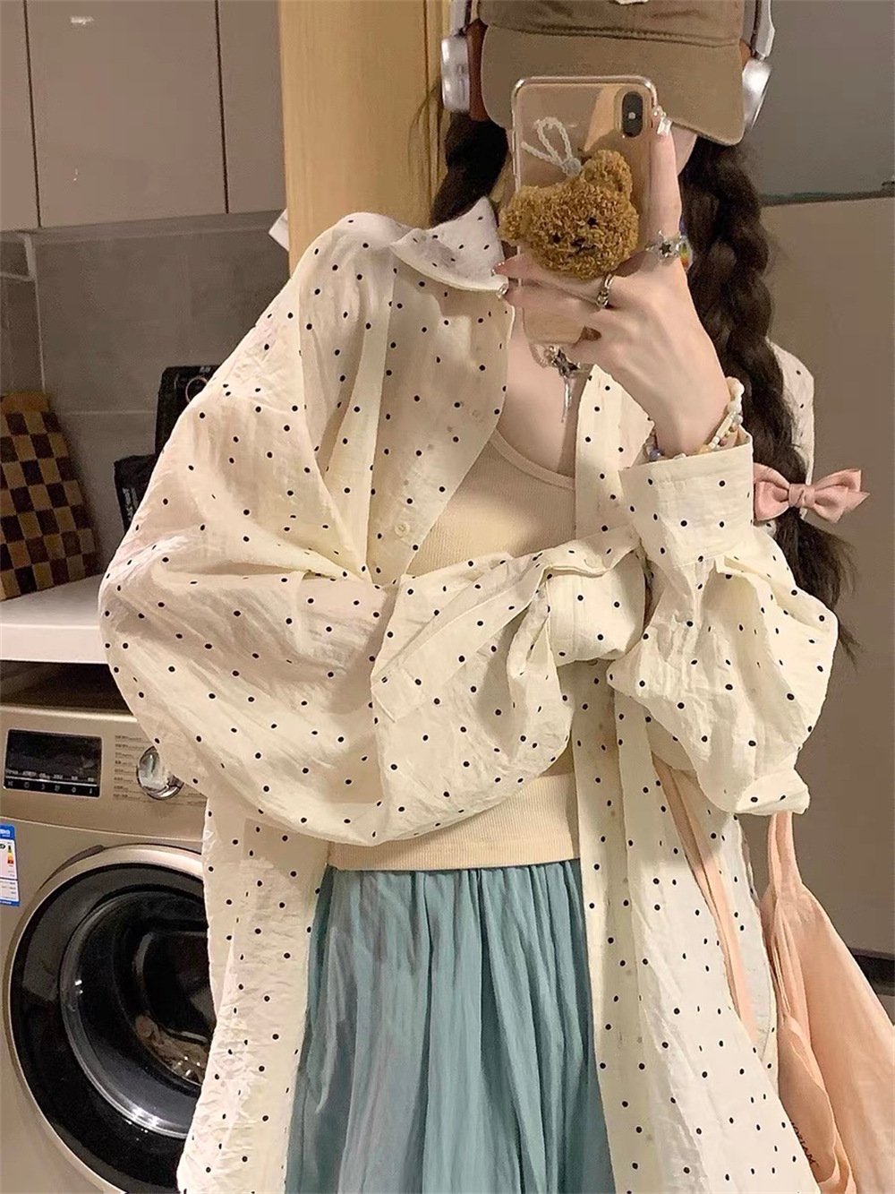 レディース シャツ ジャケット 長袖 ドット柄 ゆったり 夏 カジュアル 体型カバー 韓国風 春夏 前開き 薄手 切り替えデザイン スリット 襟付き ラップ ポリエステル ドット