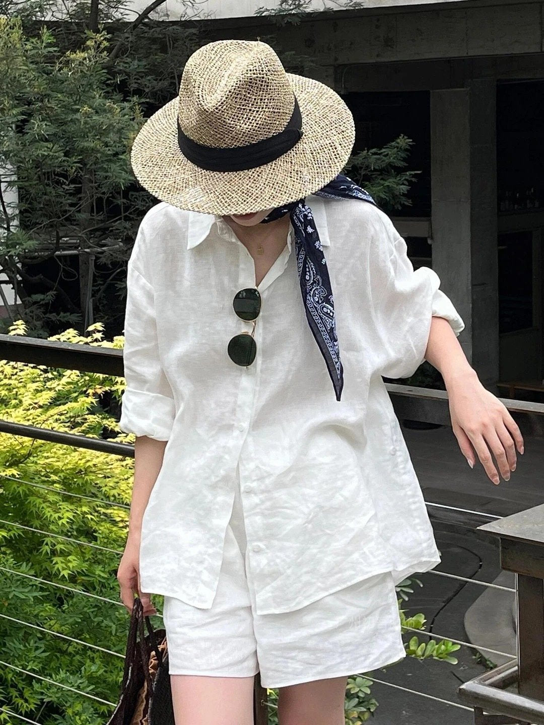 レディース シャツ パンツ 長袖 無地 ゆったり コットン 綿 リネン 春夏 きれいめ 通勤 体型カバー 前開き 春 ショート 夏 ショートパンツ シンプル 切り替えデザイン 襟付き 麻 レギュラー ボタン