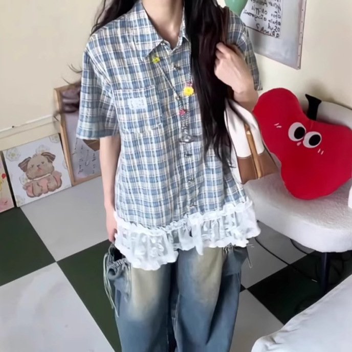 レディース ブラウス シャツ トップス 半袖 チェック柄 ゆったり 夏 韓国風 大きいサイズ 春夏 前開き レース