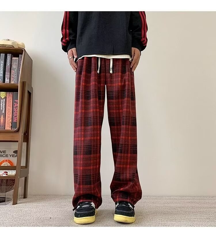 パンツ チェック柄 ワイド 春 秋冬 カジュアル 秋 冬 ストレート ヴィンテージ ポリエステル