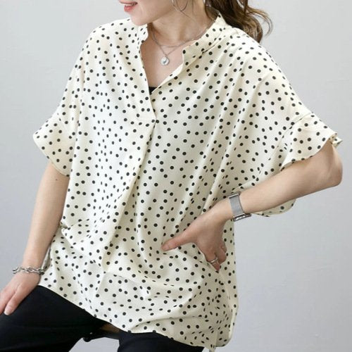 レディース ブラウス シャツ トップス 半袖 ゆったり 春夏 きれいめ 通勤 オフィス 前開き Vネック 春 夏 上品 シフォン 水玉 シフォンブラウス ポリエステル ドット