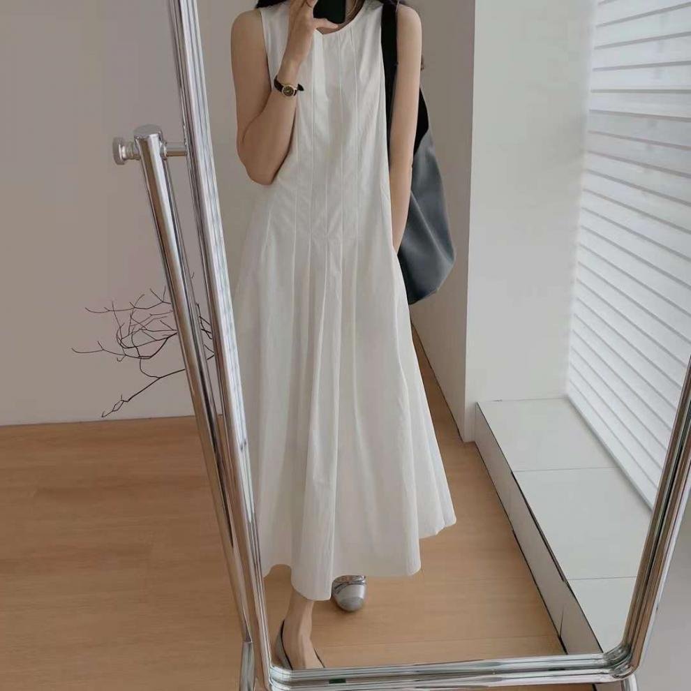 ワンピース ノースリーブ 無地 夏 きれいめ 通勤 春夏 袖なし ラウンドネック シンプル ロング 上品 Aライン