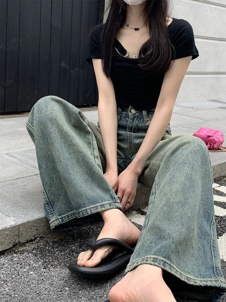 レディース パンツ ゆったり ワイド デニム 春夏 カジュアル アメリカン レトロ 大きいサイズ 春 夏 ロング ワイドパンツ 切り替えデザイン デニムパンツ ハイウエスト タイ ストレッチ ポリエステル