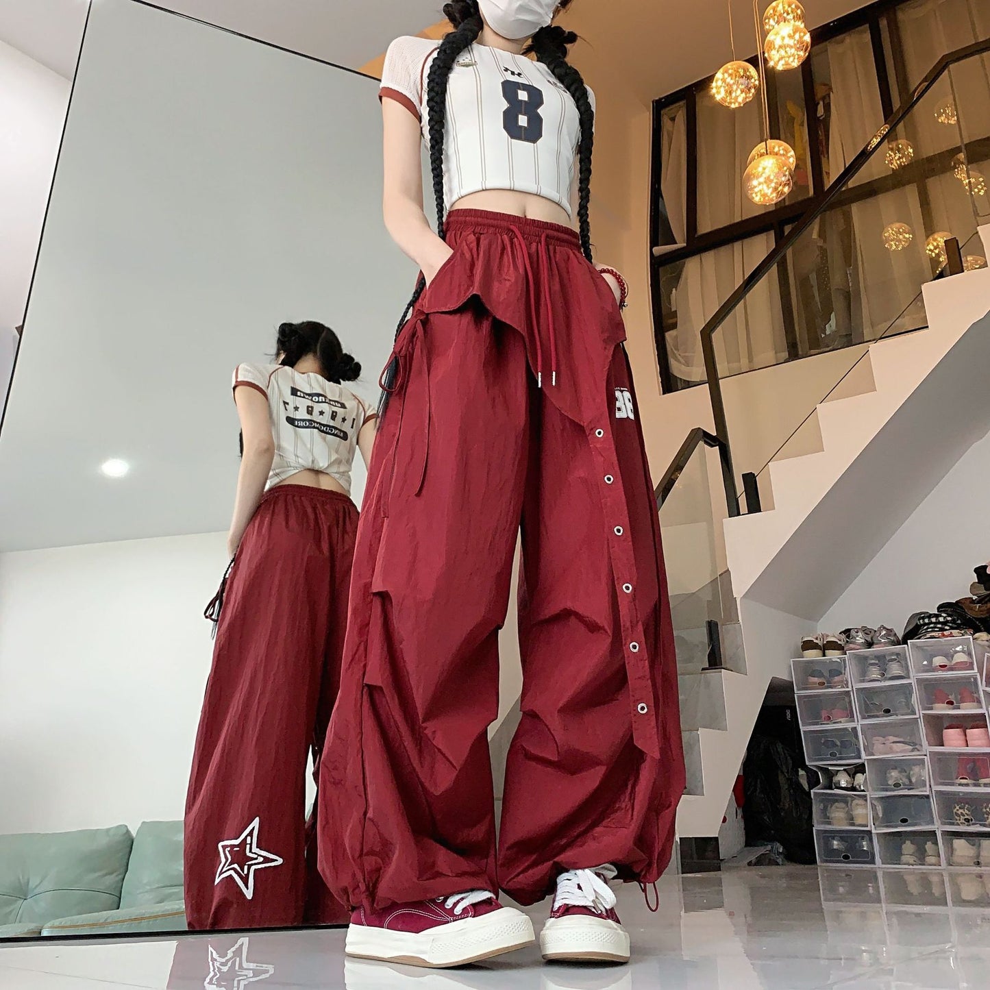 バルーンパンツ レディース パンツ ボトムス ワイドパンツ 丈長 ロング ワイド 裾ワイド ストリート ポケット ハイウエスト ドロスト カジュアル おしゃれ かっこいい メンズライク ボーイッシュ ルーズ クール ロゴ 春 夏 ママ 学生 学校 通学 部活 お出かけ アウトドア 旅行 ジム 公園 休日 韓国 オルチャン コーデ 楽ちん 体型カバー 普段使い 着回し XS S M L 小さいサイズ ブラック レッド ベーシックカラー