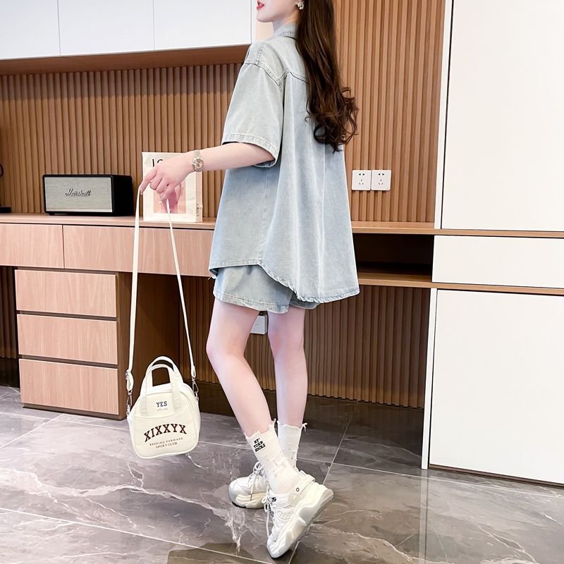 シャツ パンツ ゆったり デニム 春夏 カジュアル 大きいサイズ 前開き 春 夏 ハーフ セットアップ ポリエステル