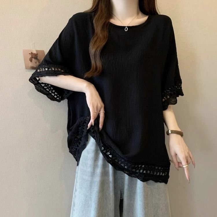 トップス 半袖 無地 ゆったり 春夏 カジュアル 大きいサイズ 春 夏 ラウンドネック レース シンプル ミモレ ポリエステル