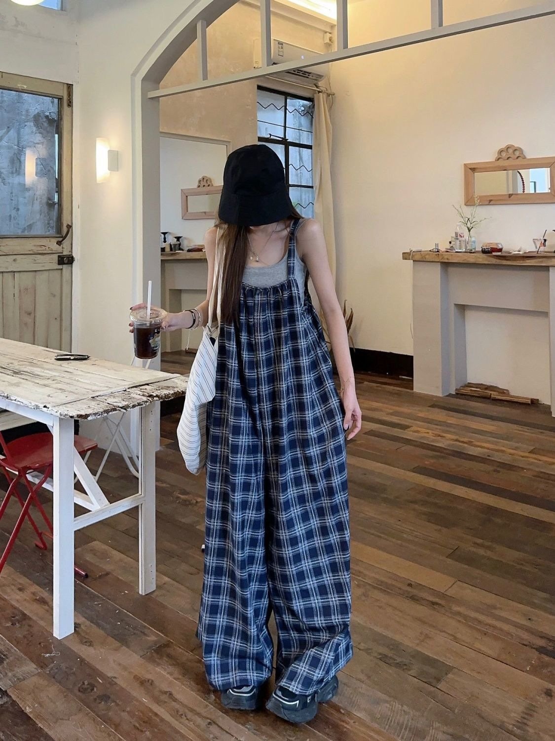 パンツ チェック柄 ゆったり ワイド 春夏 レトロ 体型カバー ミニ 春 夏 ロング サロペット フェミニン オールインワン