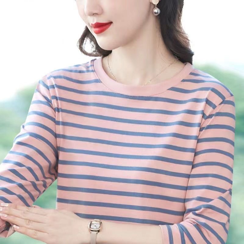 トップス 長袖 ボーダー ストライプ チェック柄 春夏 春 白 夏 膝丈 ラウンドネック 黒 インナー ポリエステル 丸首