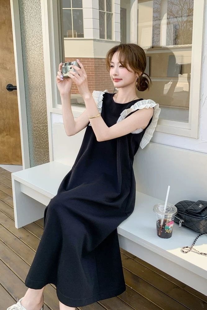 ワンピース ノースリーブ 無地 スリム 春夏 きれいめ 通勤 袖なし 春 レース 夏 ラウンドネック シンプル ロング タイト フリル 大きい 切り替えデザイン 細身 Aライン