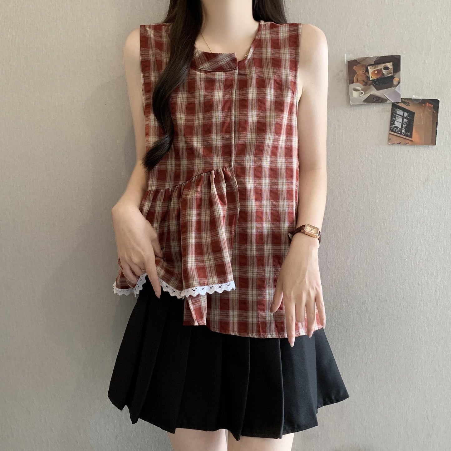 レディース シャツ チェック柄 春夏 きれいめ 大きいサイズ 前開き 春 夏 レース 上品 フリル Aライン レギュラー ポリエステル