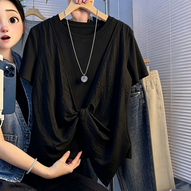 レディース Tシャツ 半袖 ゆったり コットン 綿 春夏 カジュアル 体型カバー 春 夏 ラウンドネック シャツ 切り替えデザイン レイヤード タイ レギュラー