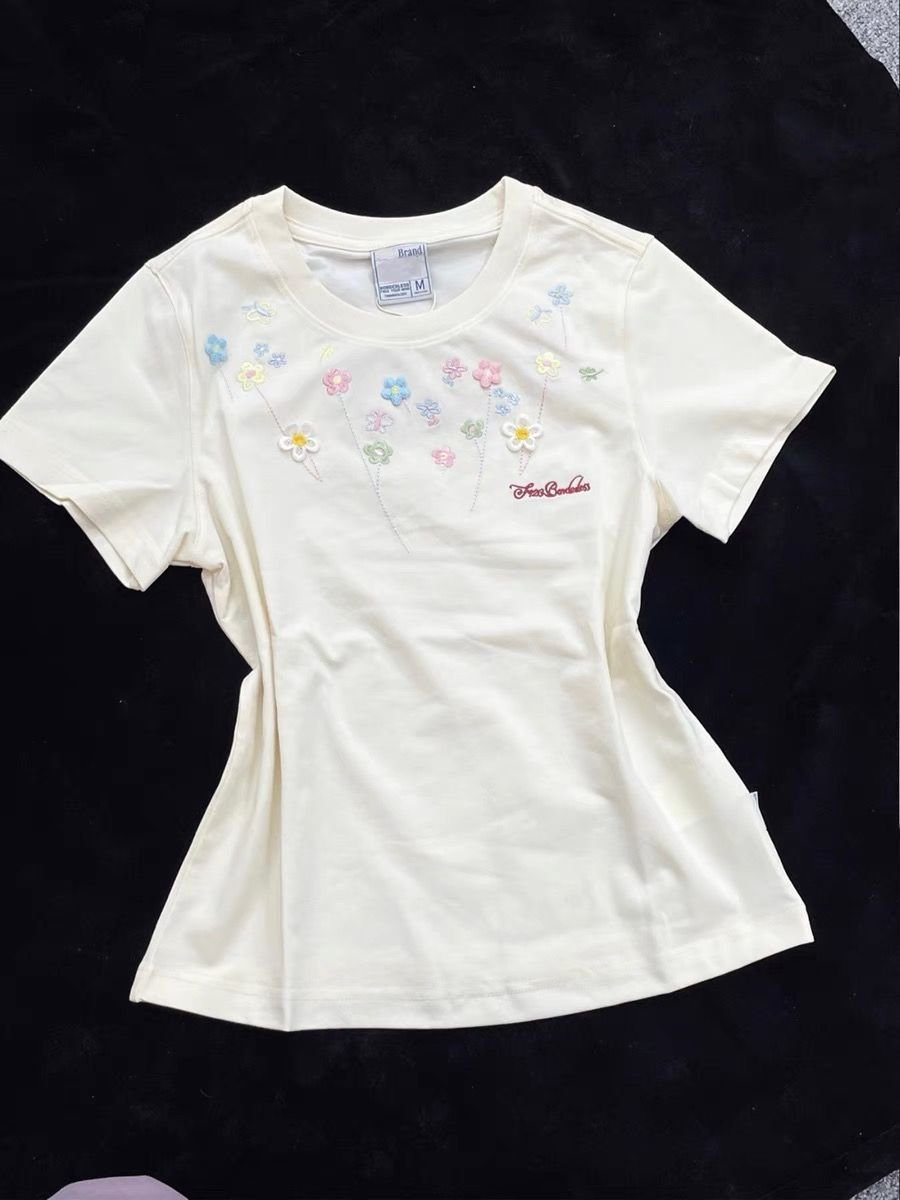 トップス 半袖 花柄 スリム 春夏 カジュアル 春 夏 ラウンドネック 刺繍 レギュラー ポリエステル