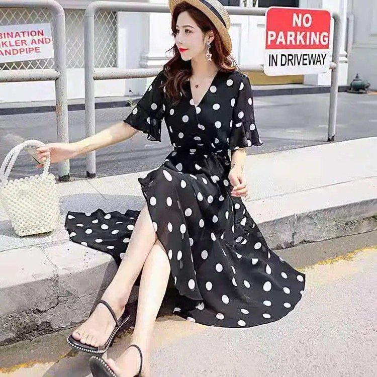ドレス 半袖 夏 ドット 上品